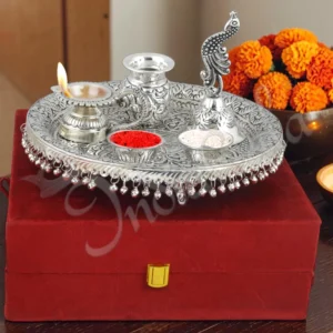 Silver Plated Brass Pooja Thali with Velvet Box for corporate gifting
