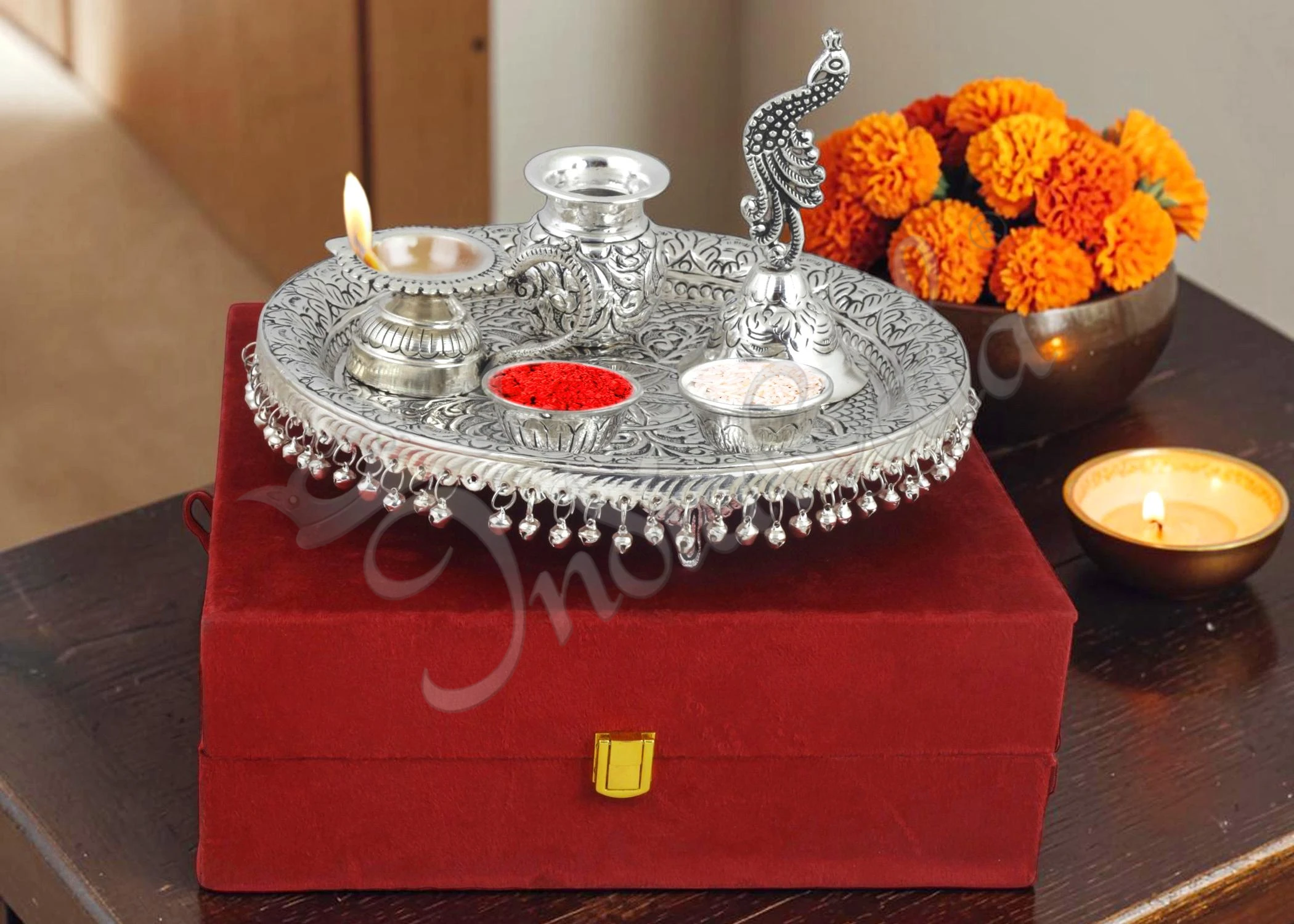 INW-9369-1 Silver Plated Brass Pooja Thali with Velvet Box for corporate gifting