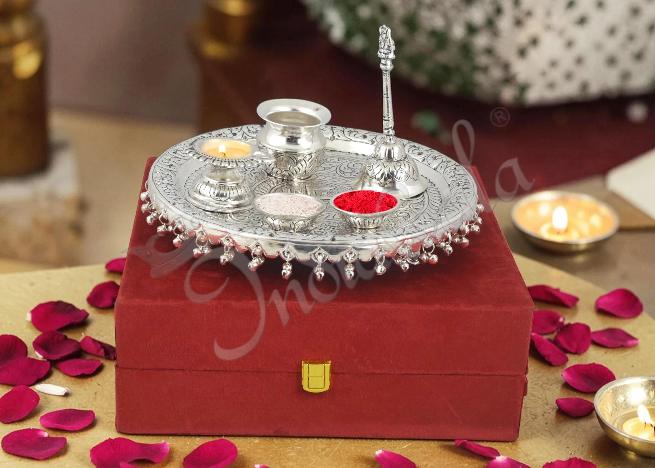 INW-9370-1 10 Inch Silver Plated Brass Pooja Thali in a premium velvet box