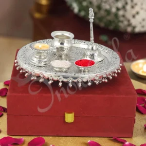 10 Inch Silver Plated Brass Pooja Thali in a premium velvet box