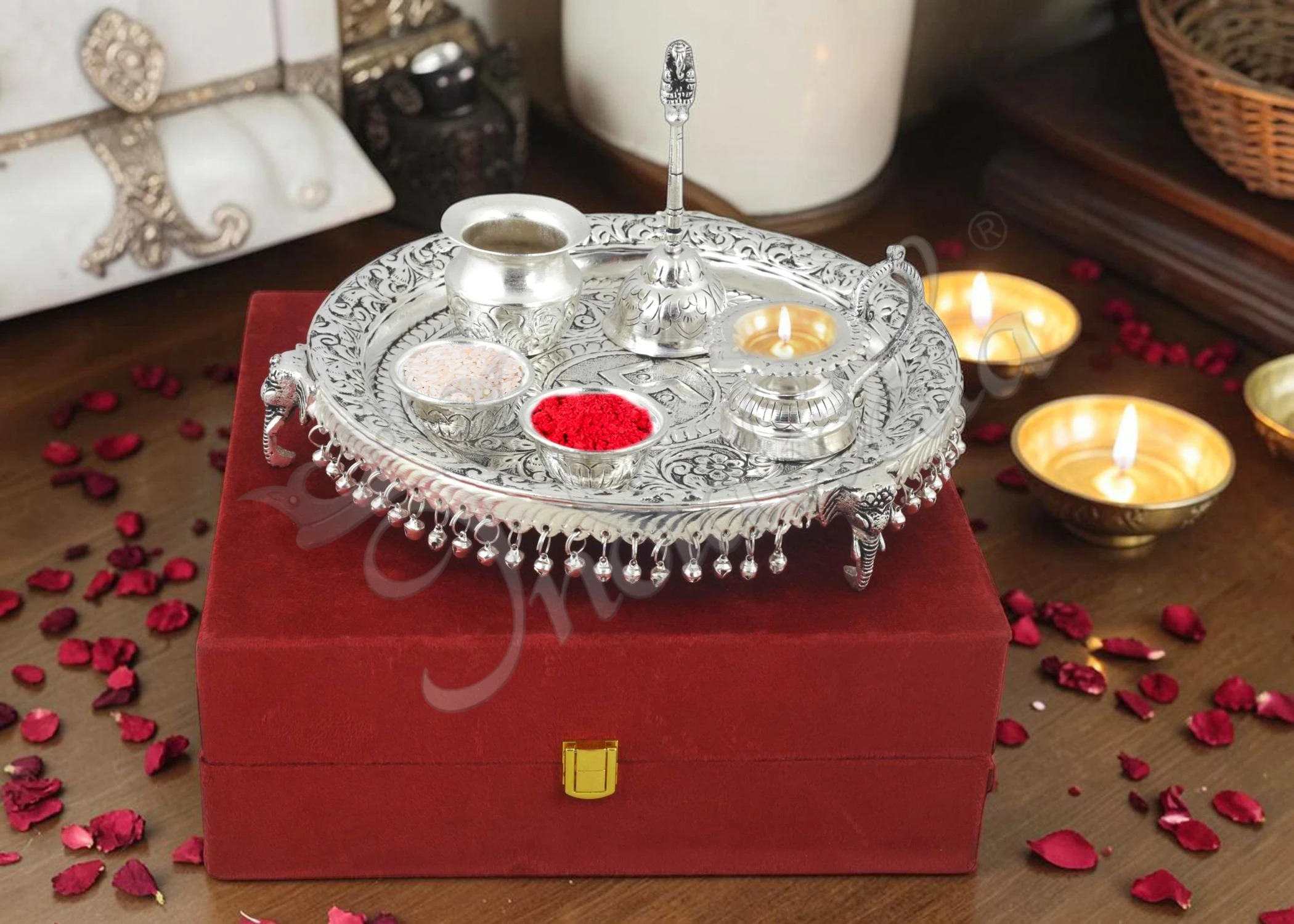 INW-9371-1 Premium 10 Inch Silver Plated Brass Pooja Plate in a velvet box
