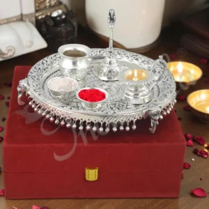 Premium 10 Inch Silver Plated Brass Pooja Plate in a velvet box