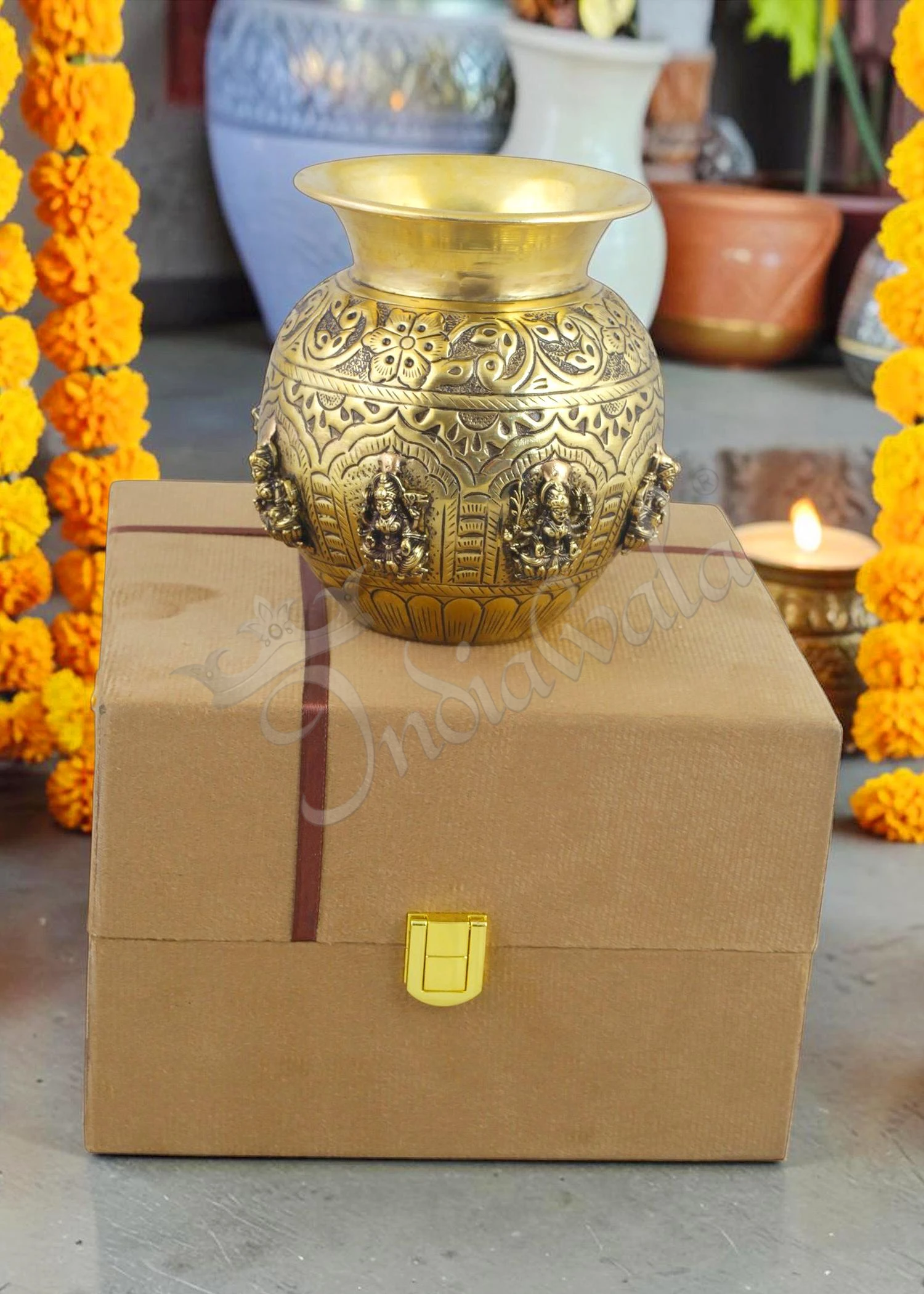 INW-9372 A 4.75 Inch Brass Antique Lakshmi Pooja Lota, handcrafted with an elegant finish.