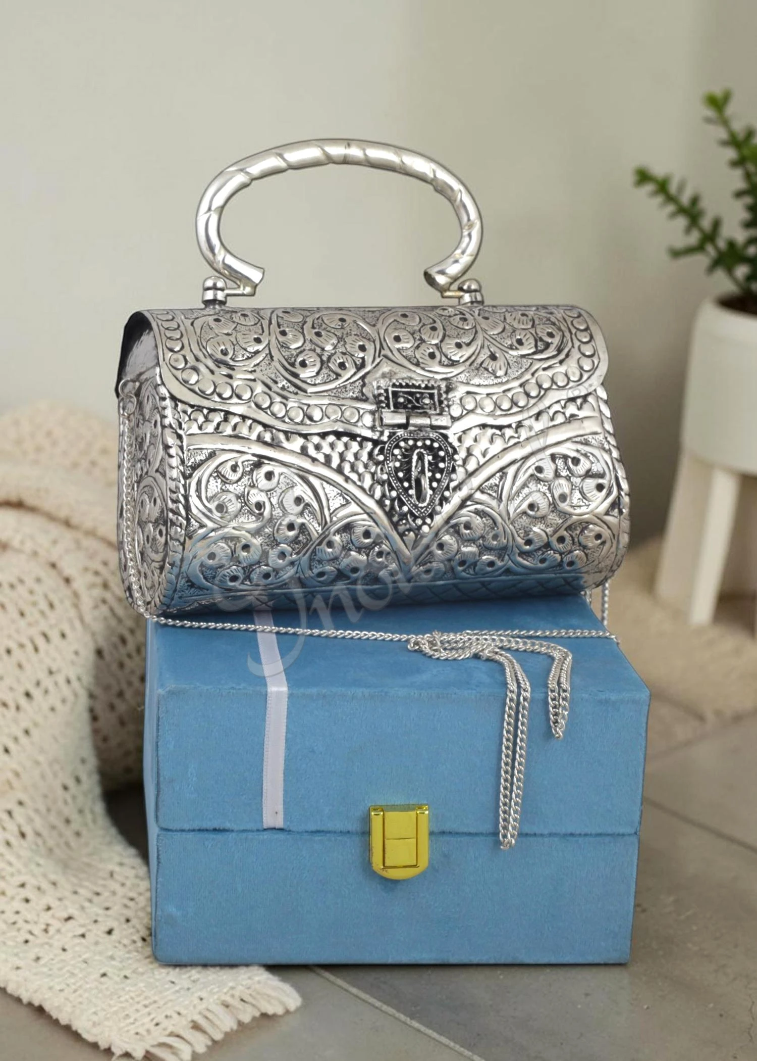 INW-9383-1 Elegant 7 Inch Brass German Silver Purse with intricate engravings