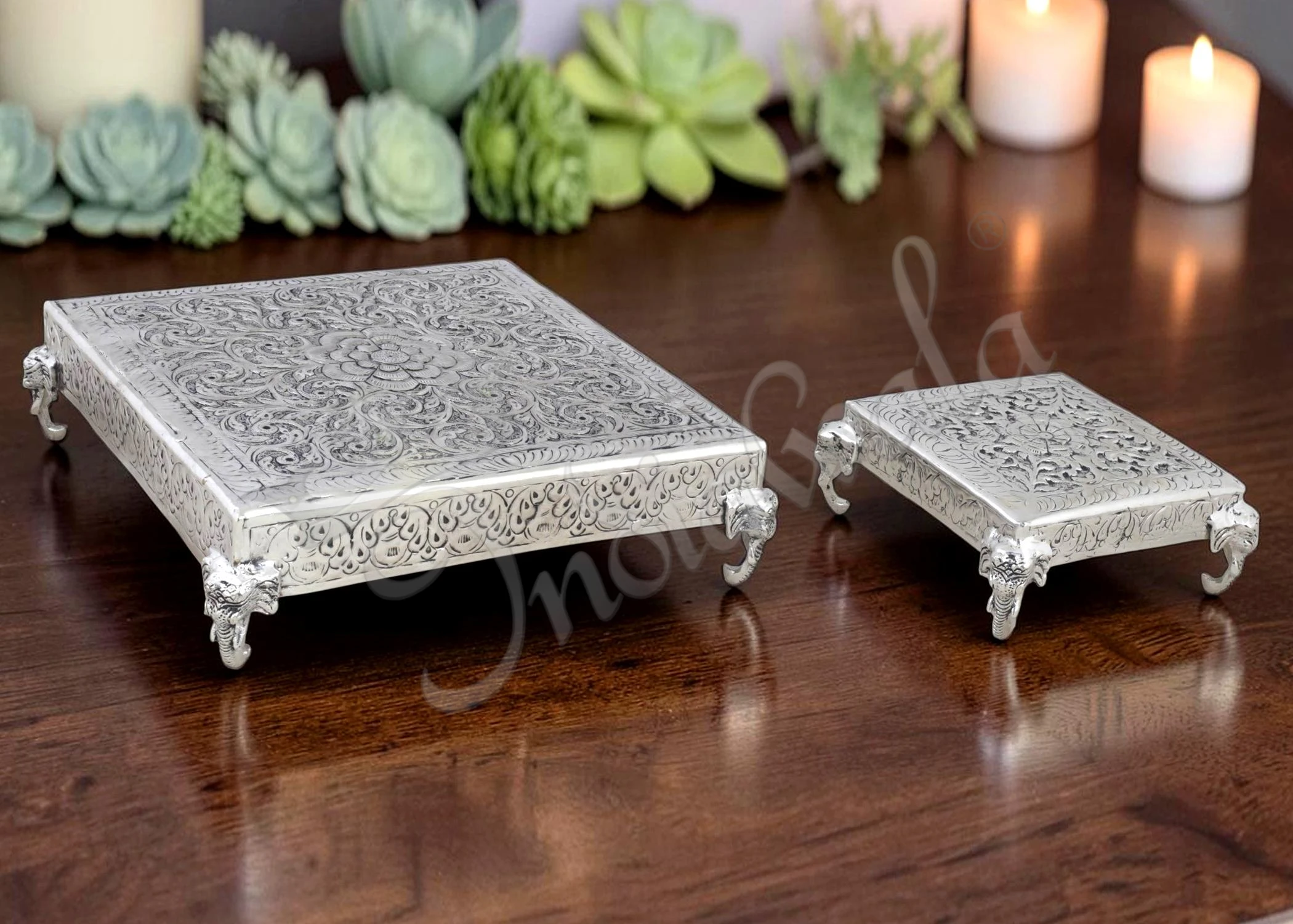INW-9384 Handcrafted German Silver Brass Chowki in a velvet box.