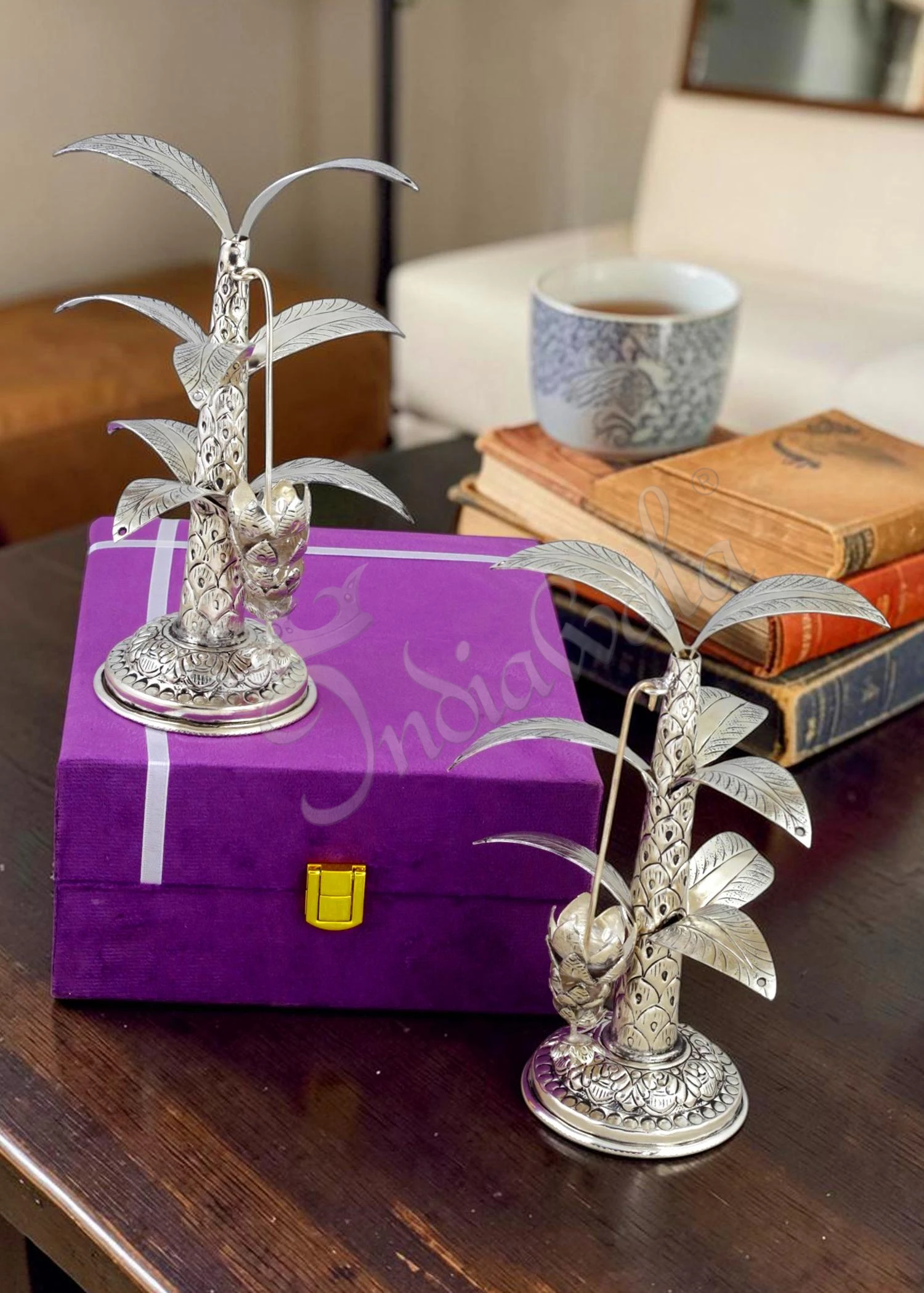 INW-9385-1 A pair of 7.5 Inch Silver Plated Brass Banana Tree for pooja and gifting.