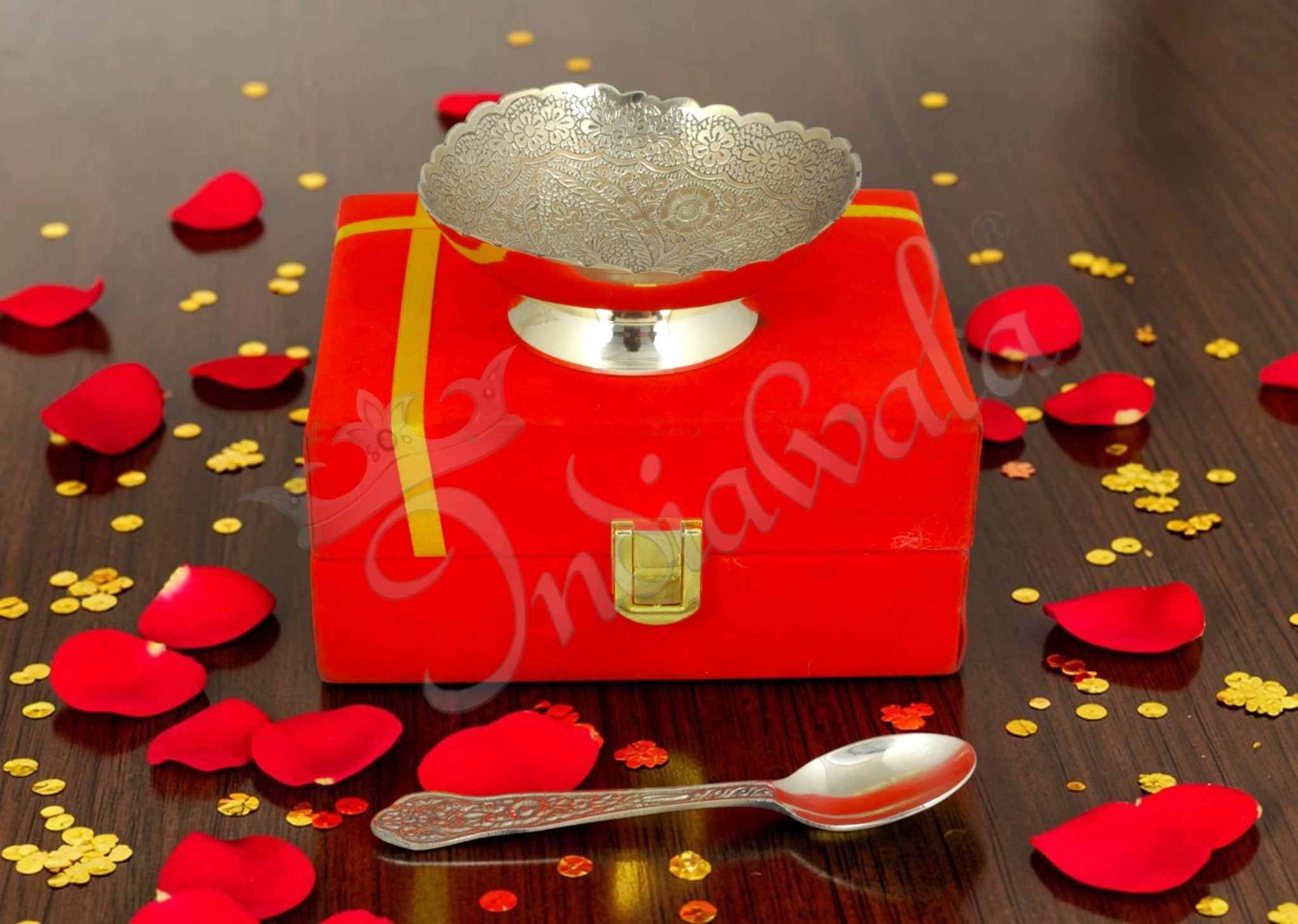 INW-9390-1 Silver Plated Brass 3D Bowl with Spoon in a premium velvet box