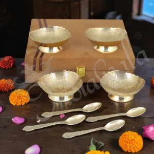 Silver Plated Brass 3D Bowl Set of 4 with Spoons and Tray