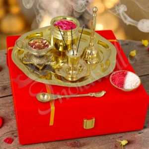 An elegant 8 Inch Brass Gold Plated Gifting Pooja Thali, perfect for spiritual ceremonies and special occasions.