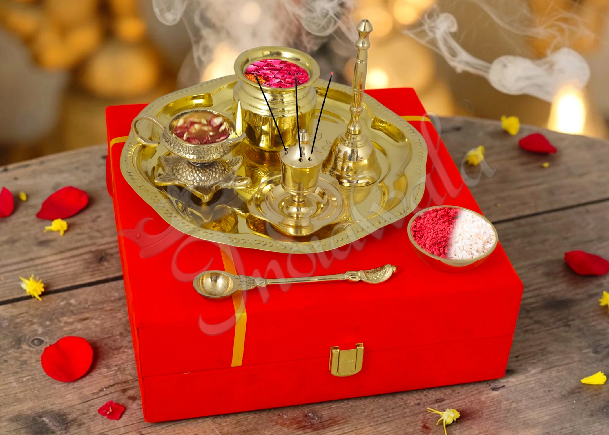 INW-9395 An elegant 8 Inch Brass Gold Plated Gifting Pooja Thali, perfect for spiritual ceremonies and special occasions.