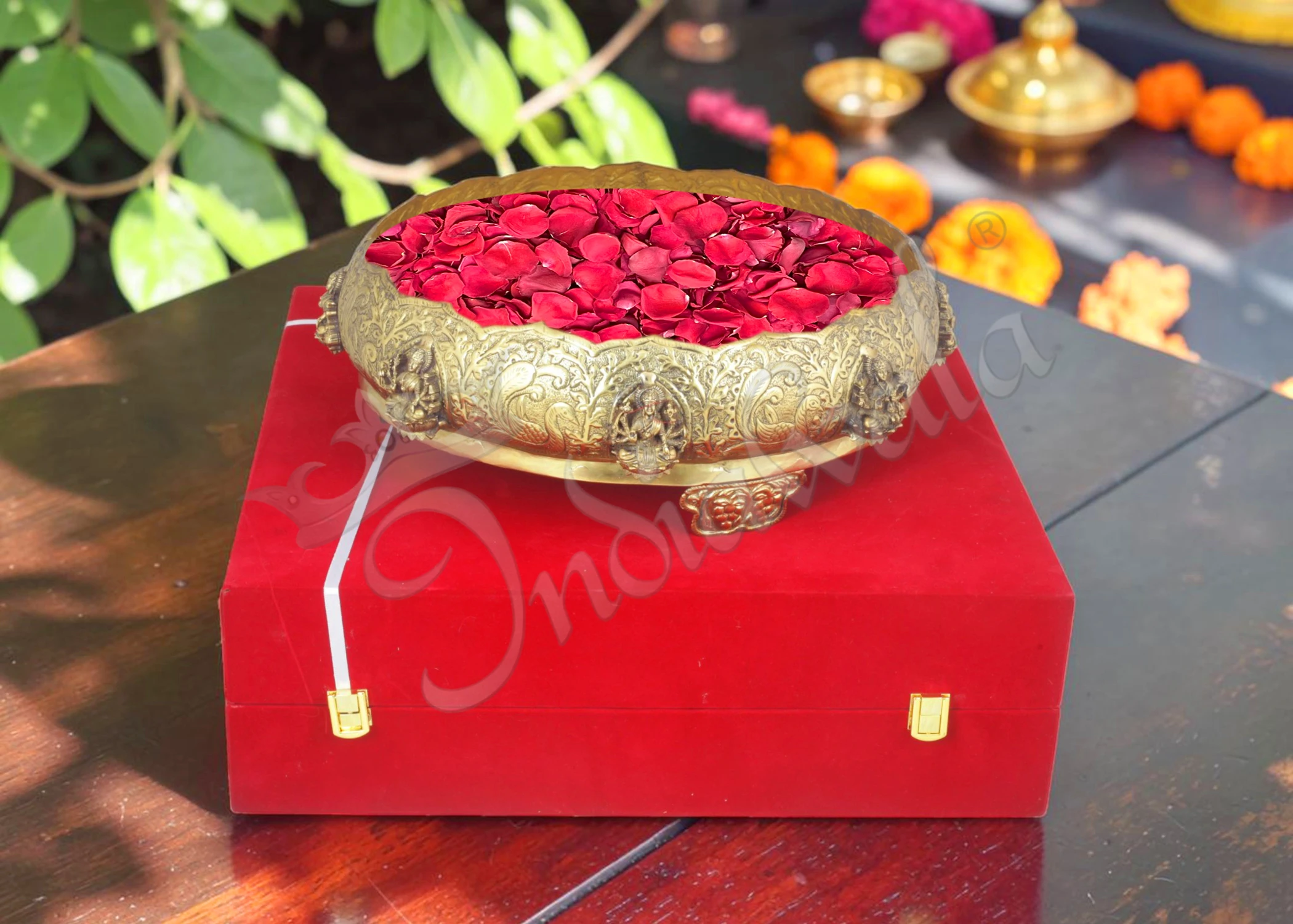 INW-9396 12 Inch Gold Plated Brass Urli Pot in a premium velvet box
