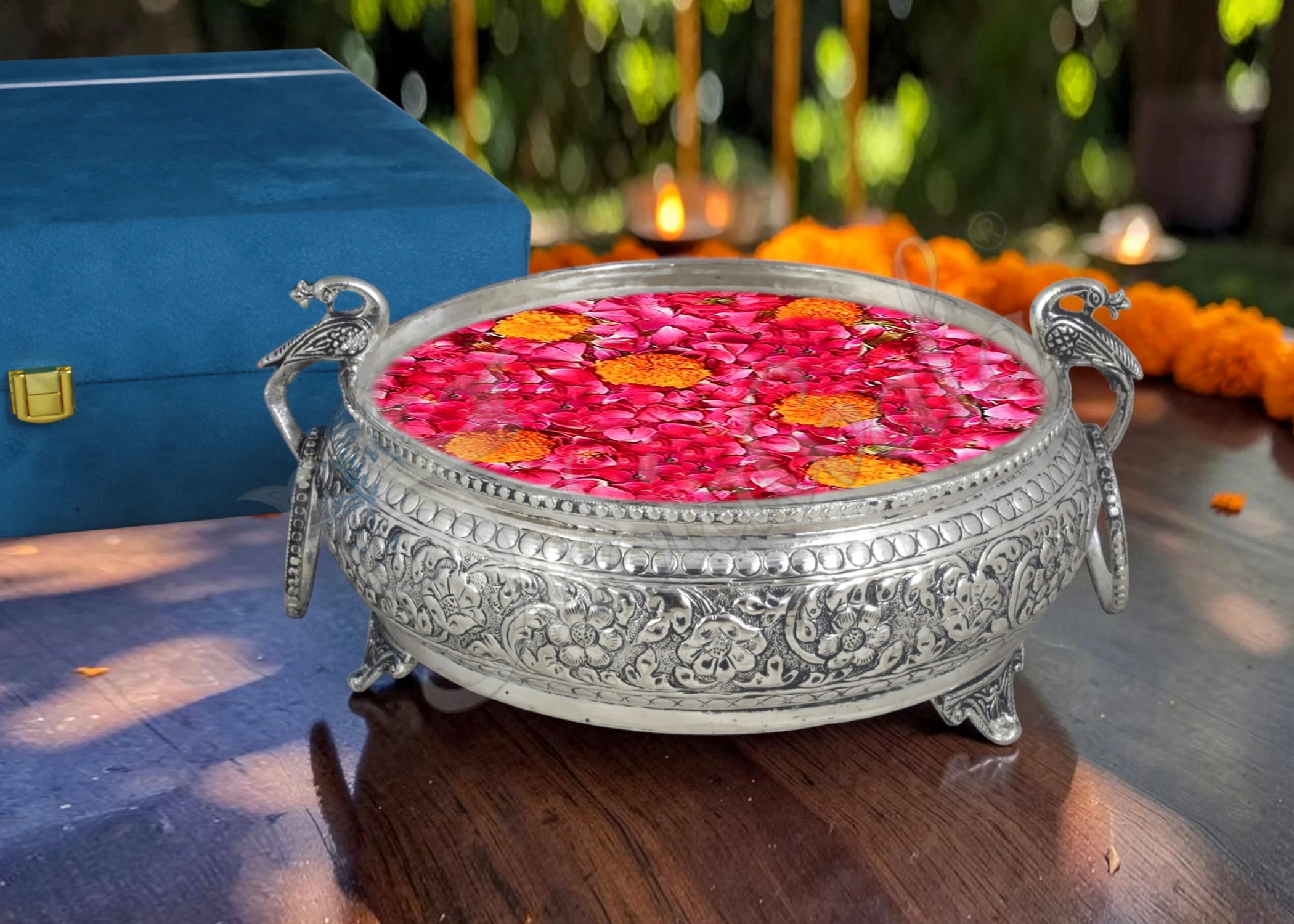 An elegant 11 inch Silver Plated Brass Gifting Urli Pot, handcrafted for premium decor.