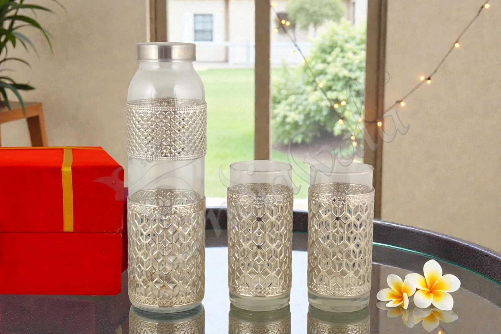 INW-9408 Elegant German Silver Glass Bottle Set in a premium velvet box