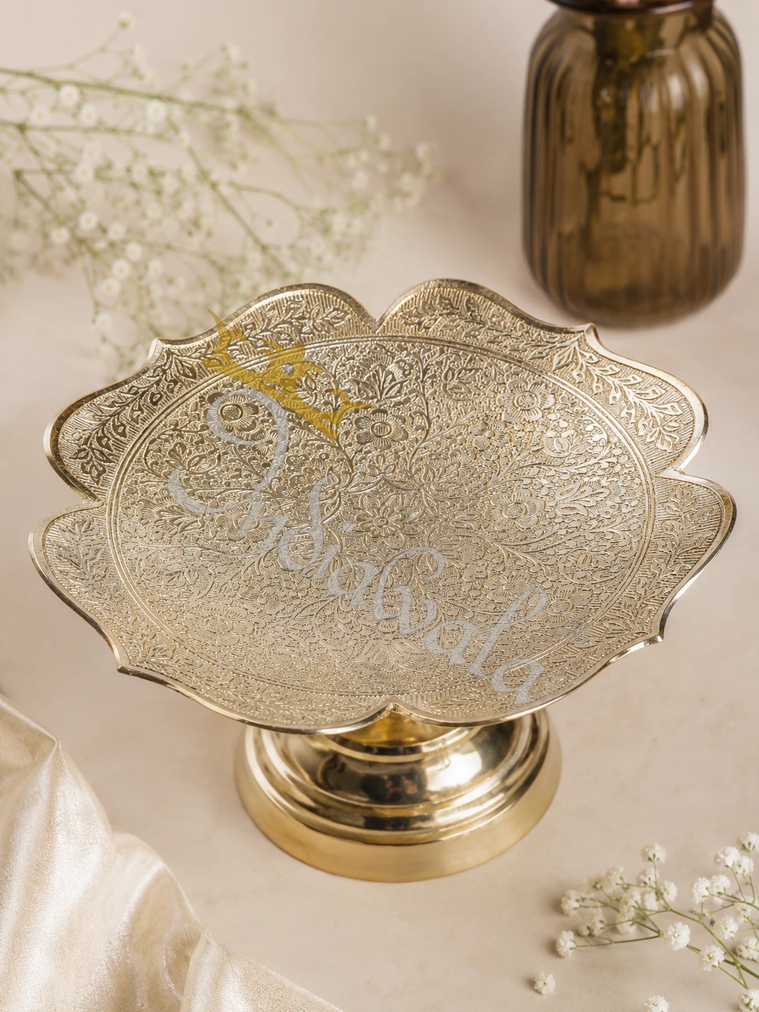 9.5 Inch Brass Decorative Fruit Bowl in a premium velvet box
