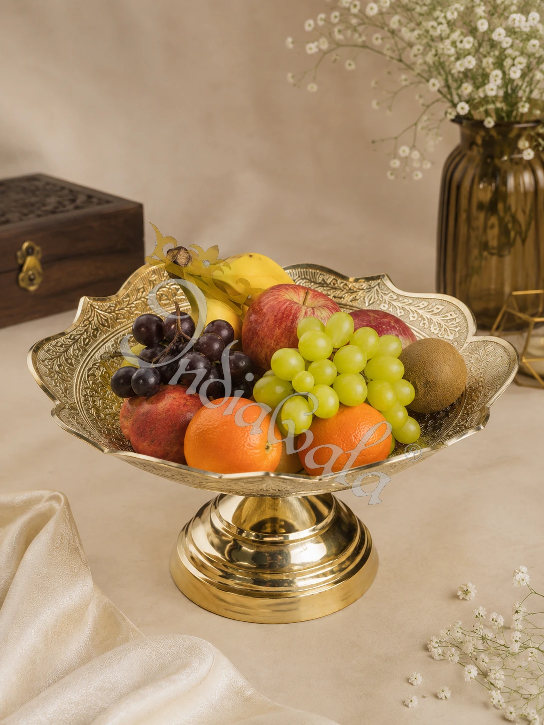 9.5 Inch Brass Decorative Fruit Bowl in a premium velvet box