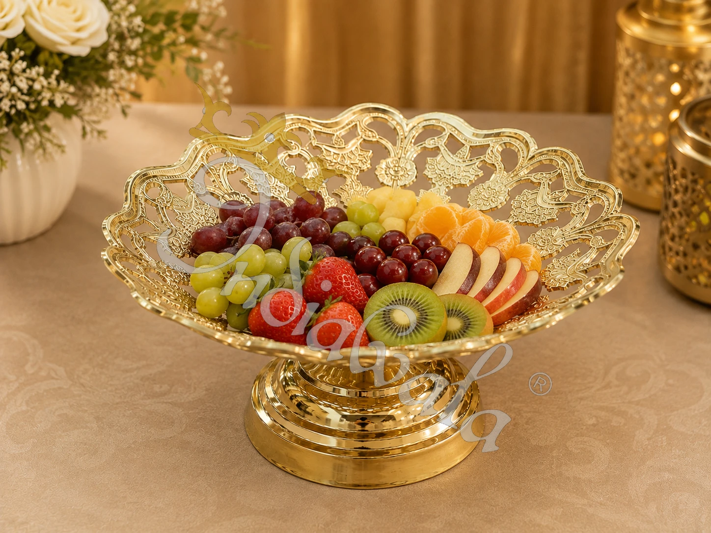 INW-9415 Handcrafted 9 Inch Brass Tabletop Fruit Bowl in a premium velvet box