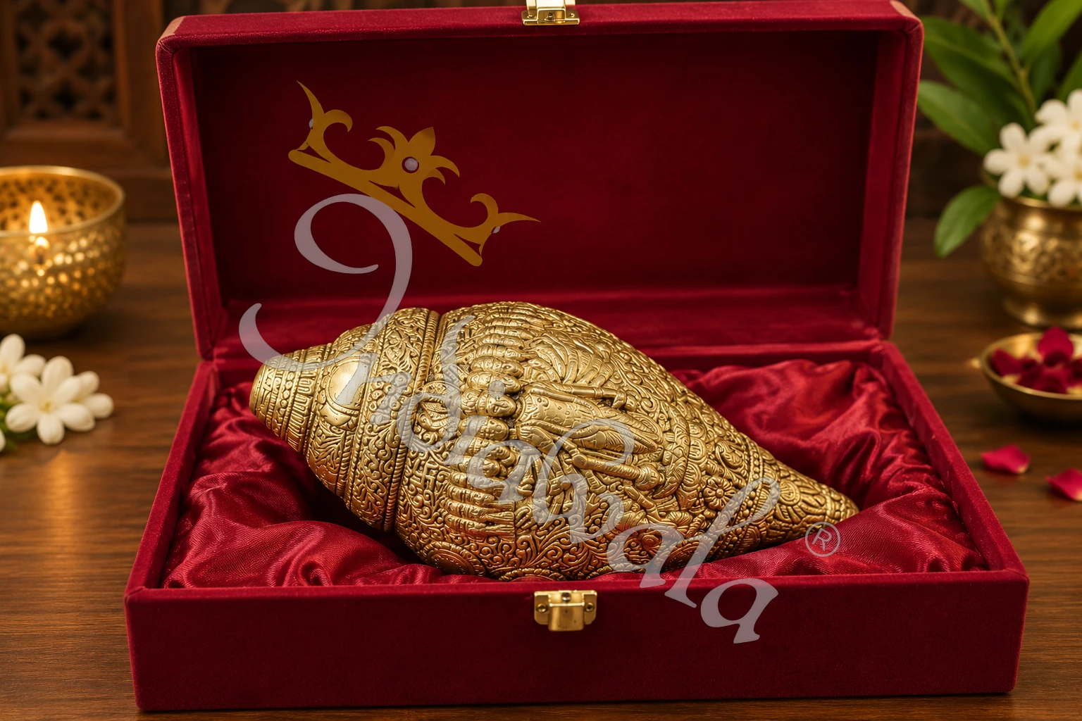 Beautifully detailed 9 Inch Antique Brass Vishnu Shankh for spiritual home decor.