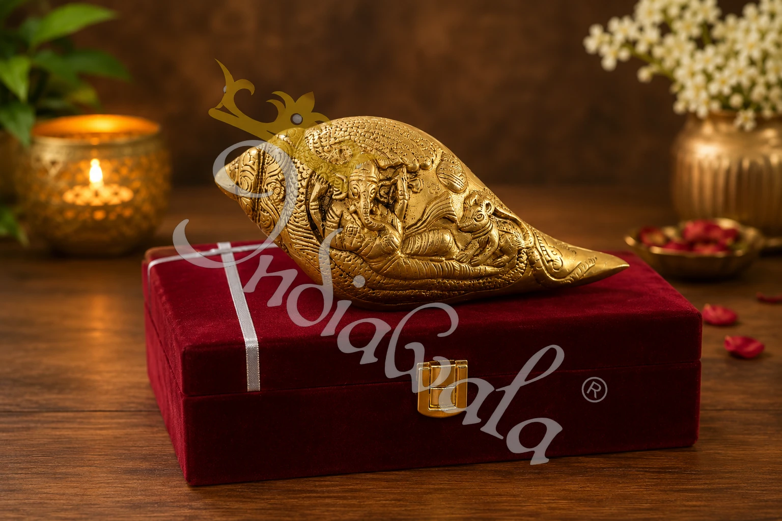 Handcrafted 7 Inch Antique Brass Ganesh Shankh with detailed engravings
