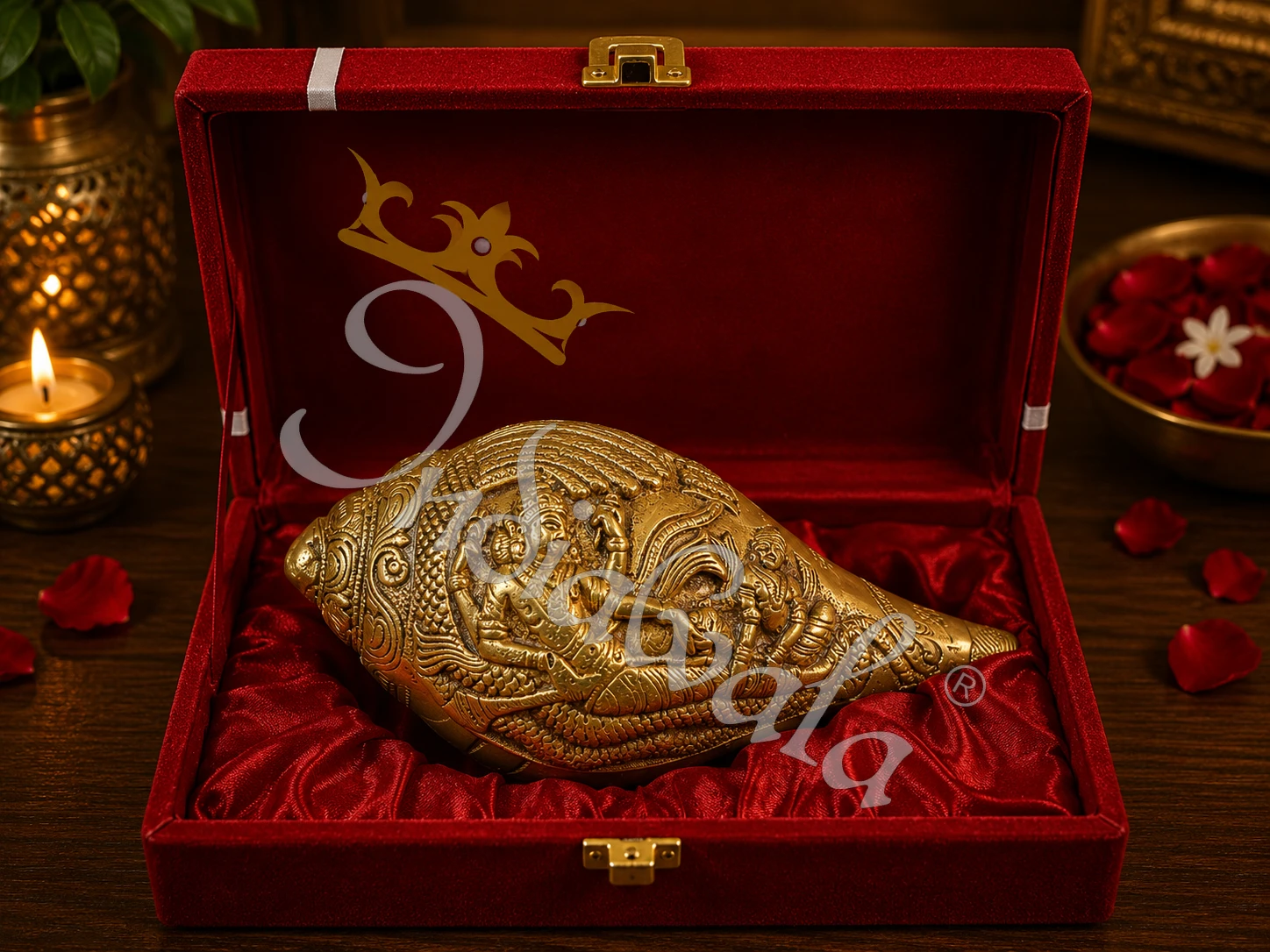 INW-9418 7 Inch Antique Brass Laxmi Vishnu Shankh with detailed carvings