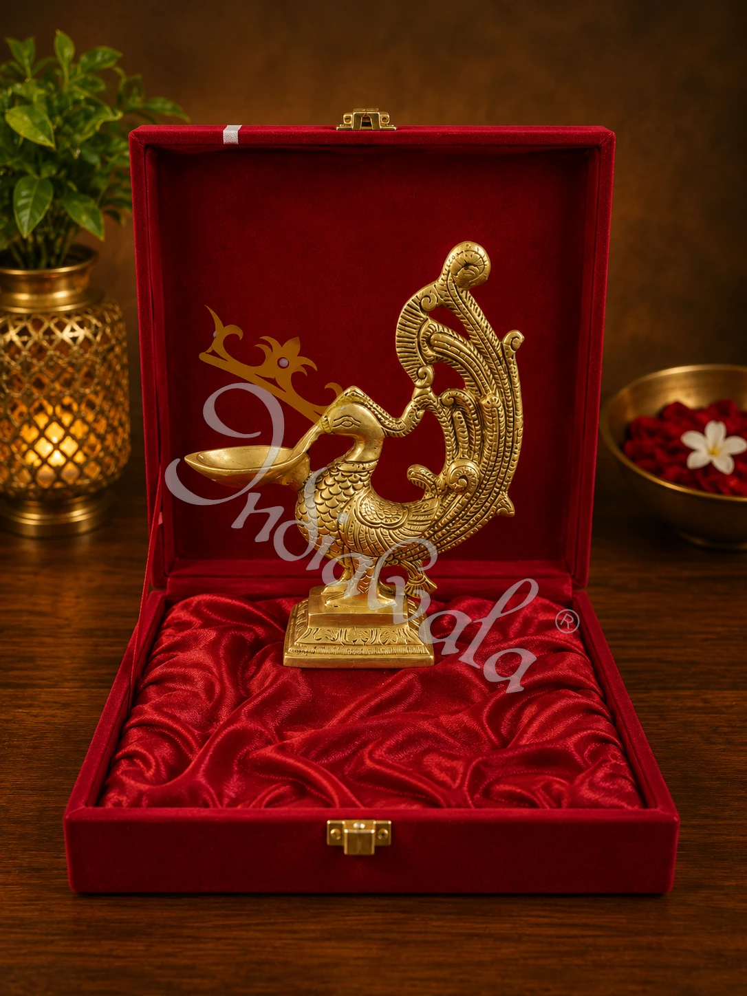 INW-9420 Handcrafted antique brass peacock diya for temple decor