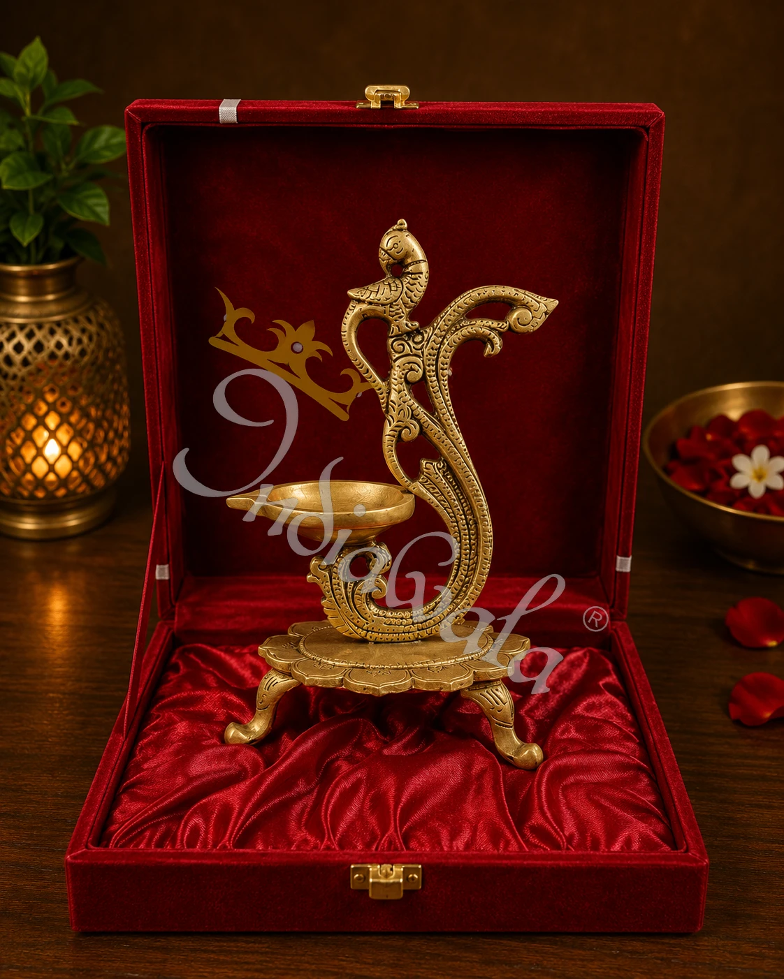 8 Inch Brass Peacock Oil Lamp with Antique Finish