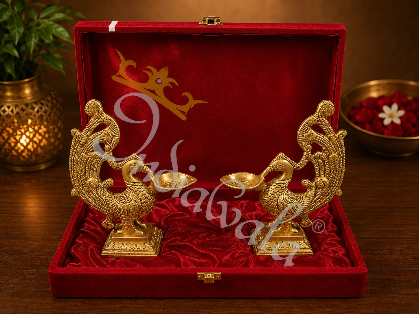 INW-9423 6.75 Inch Brass Peacock Diya Set with antique finish