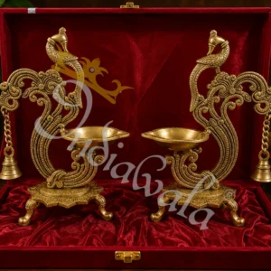 Antique Brass Peacock Ghanti Diya Set of 2 with intricate detailing