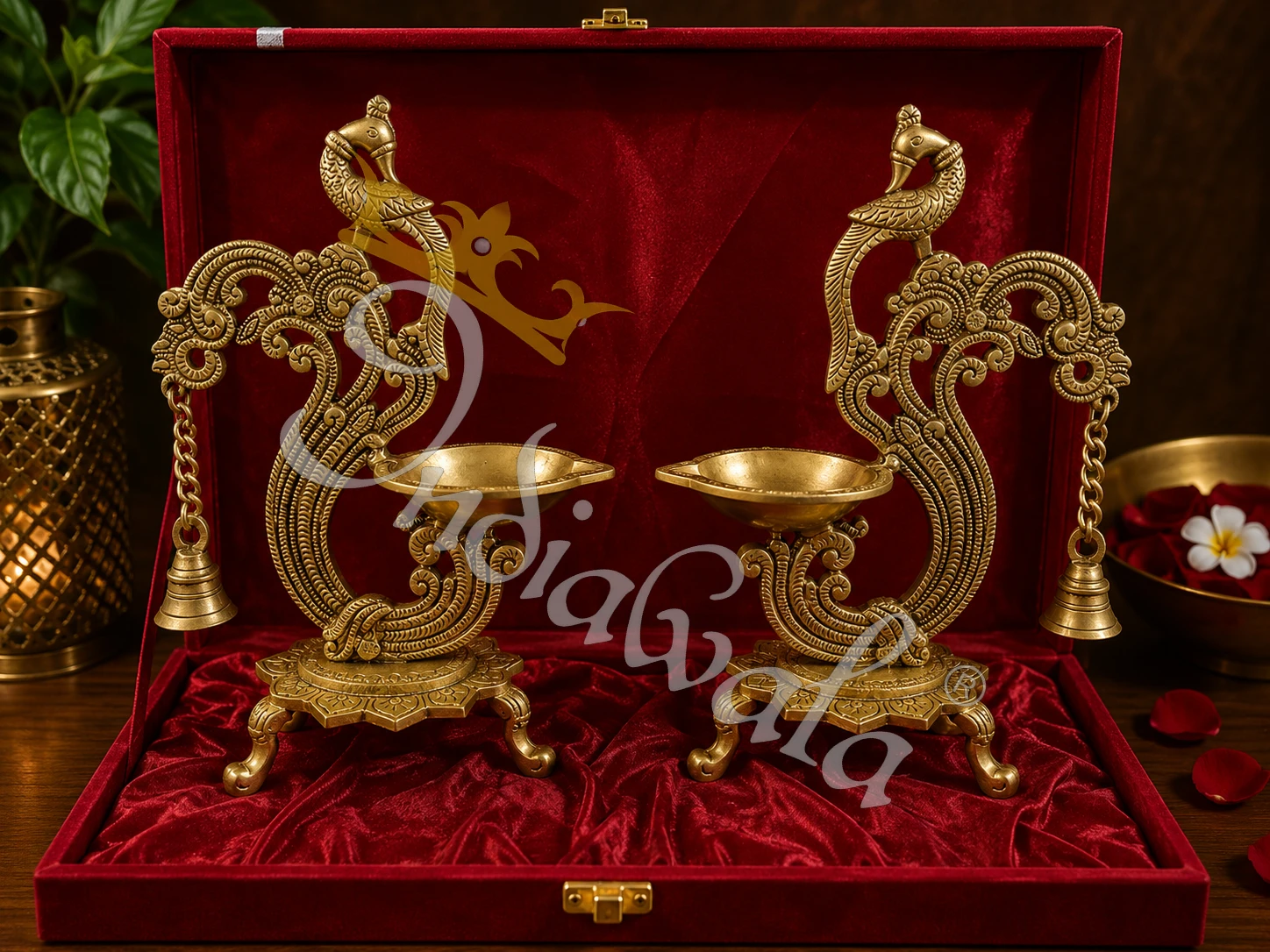 Antique Brass Peacock Ghanti Diya Set of 2 with intricate detailing
