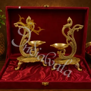 8 Inch Antique Brass Peacock Diya Set with intricate detailing