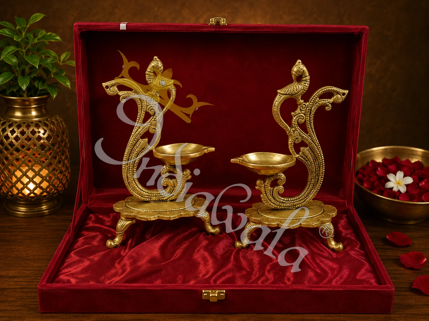 INW-9425 8 Inch Antique Brass Peacock Diya Set with intricate detailing