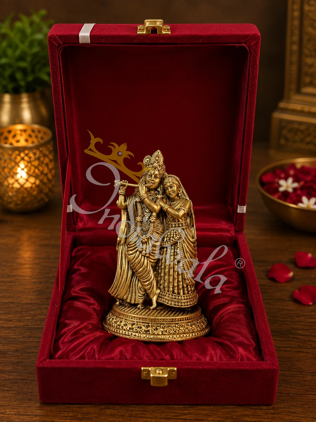 INW-9426-1 4.5 Inch Antique Brass Radha Krishna Idol in a premium velvet box