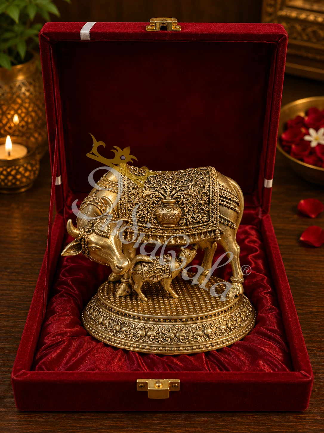 Handcrafted antique brass kamdhenu cow statue in a premium velvet box