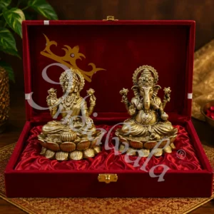 3.25 Inch Antique Brass Laxmi Ganesh Set in a premium velvet box