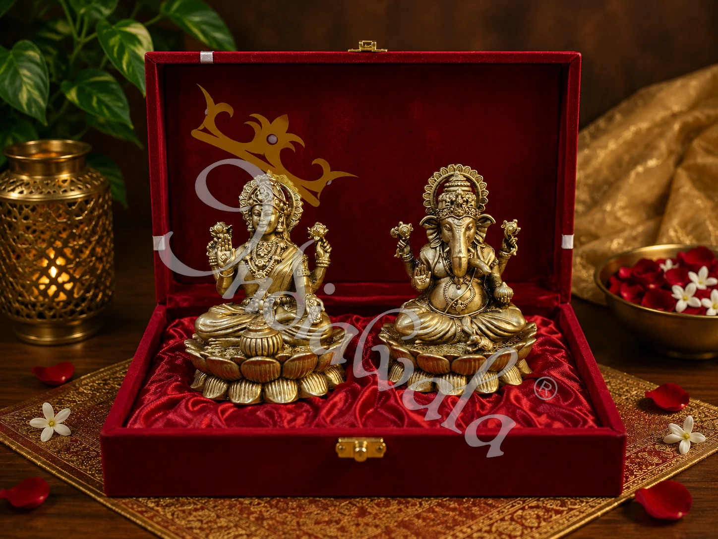 3.25 Inch Antique Brass Laxmi Ganesh Set in a premium velvet box