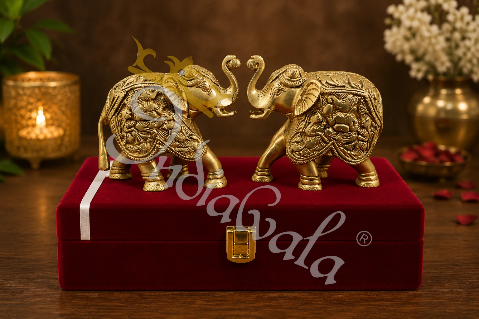 Handcrafted Brass Antique Finish Elephant Pair in a premium velvet box