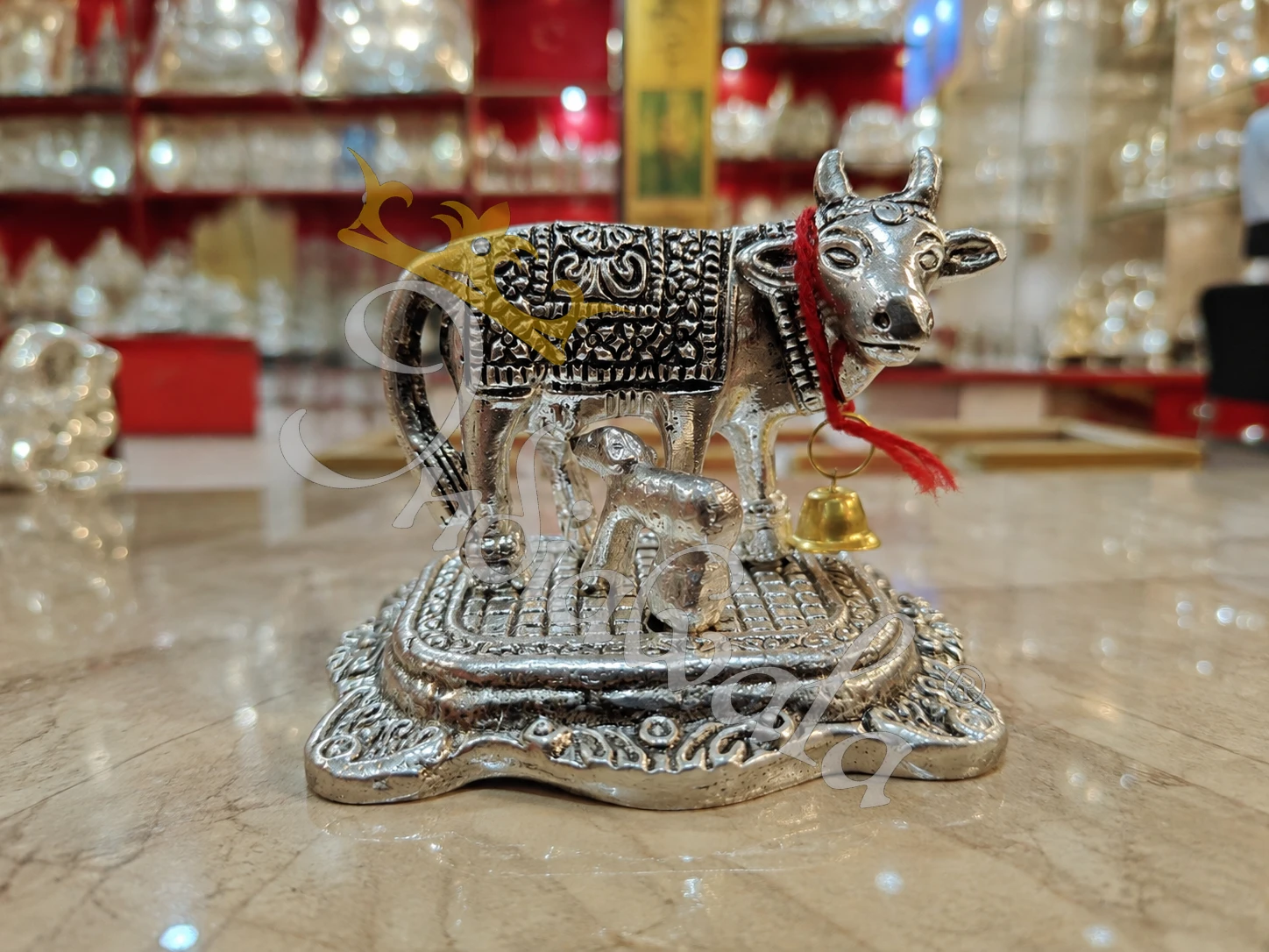 INW-9434_1 Silver Plated Kamdhenu Cow Gifting Statue