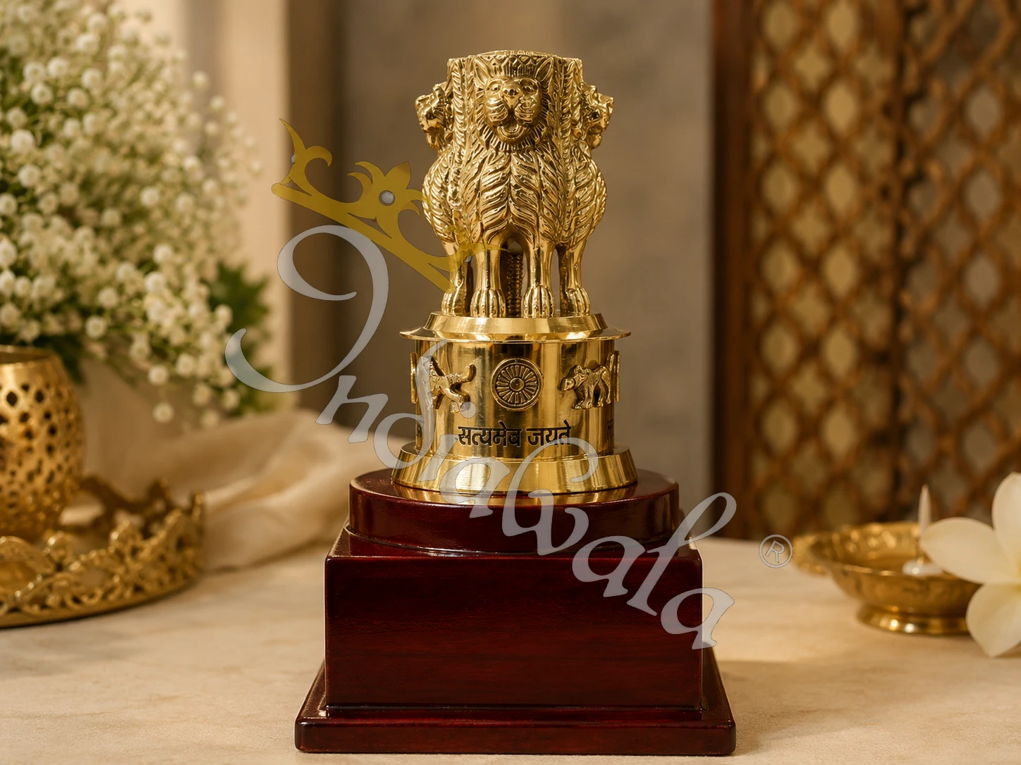 Handcrafted Brass Ashoka Pillar Tabletop Emblem with sturdy base