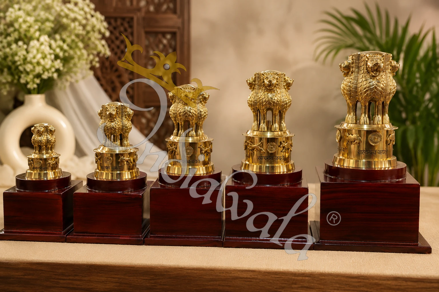 Handcrafted Brass Ashoka Pillar Tabletop Emblem with sturdy base