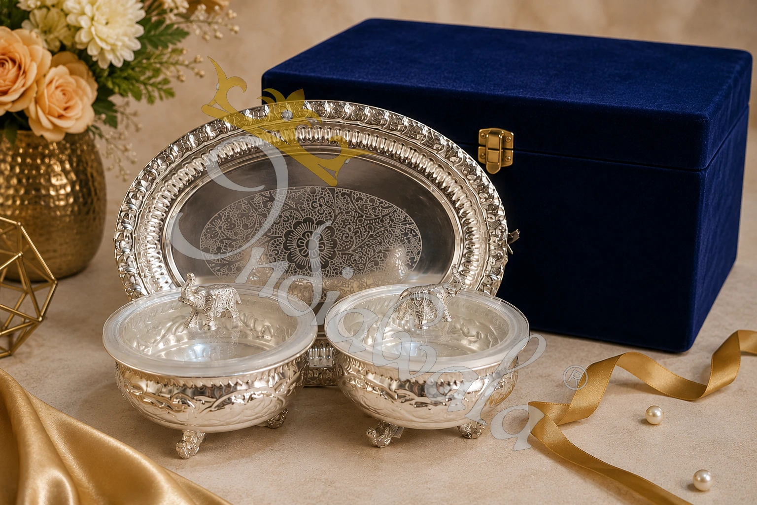 Elegant 4 Inch Silver Plated Steel Elephant Bowl Set of 2 in a premium velvet box