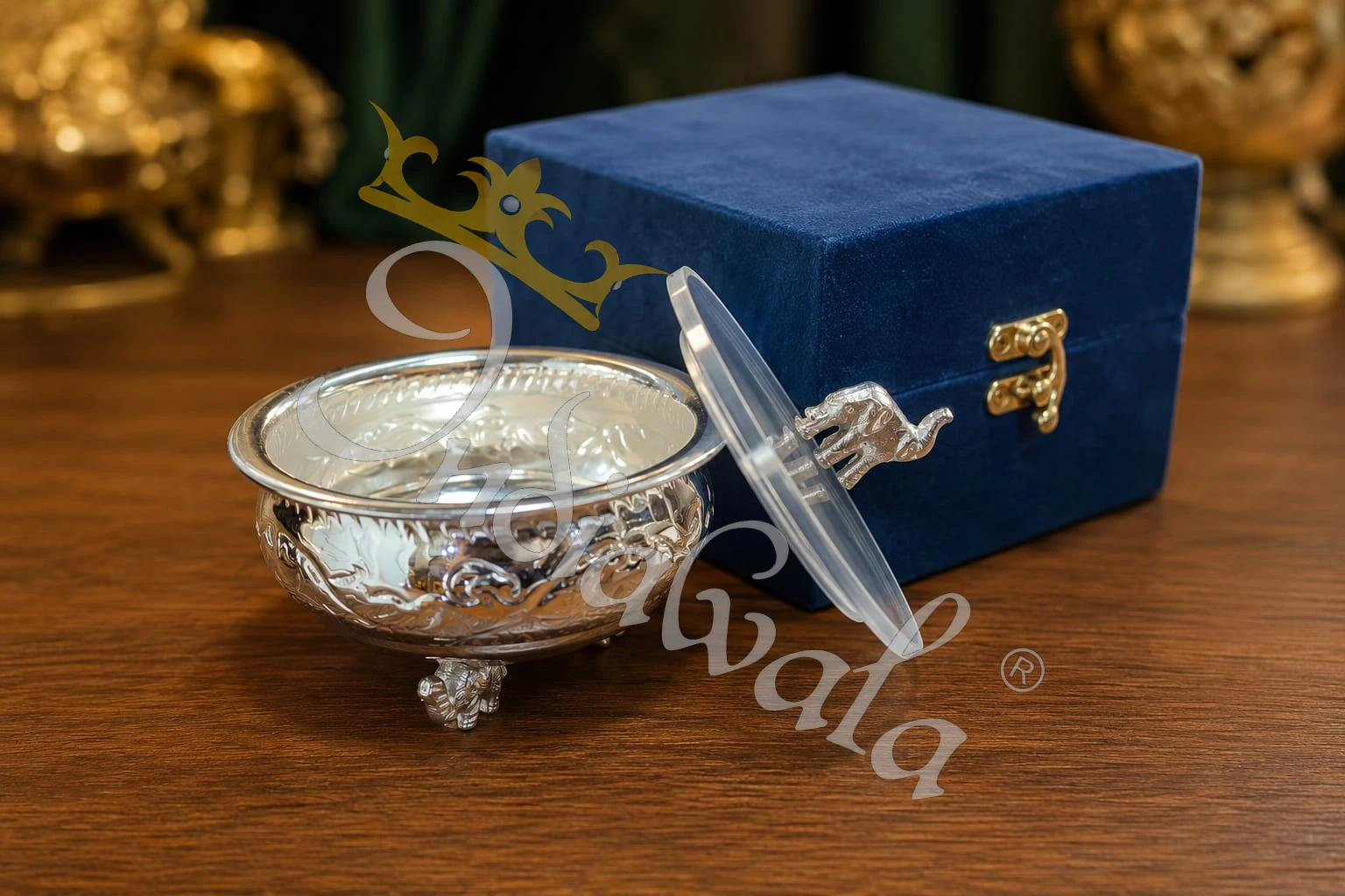 INW-9438-1 Elegant Silver Plated Steel Elephant Gifting Bowl in a premium velvet box