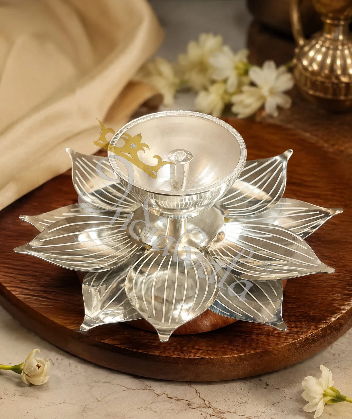 INW-9439 6 Inch Silver Plated Steel Rose Quartz Diya in a premium velvet box