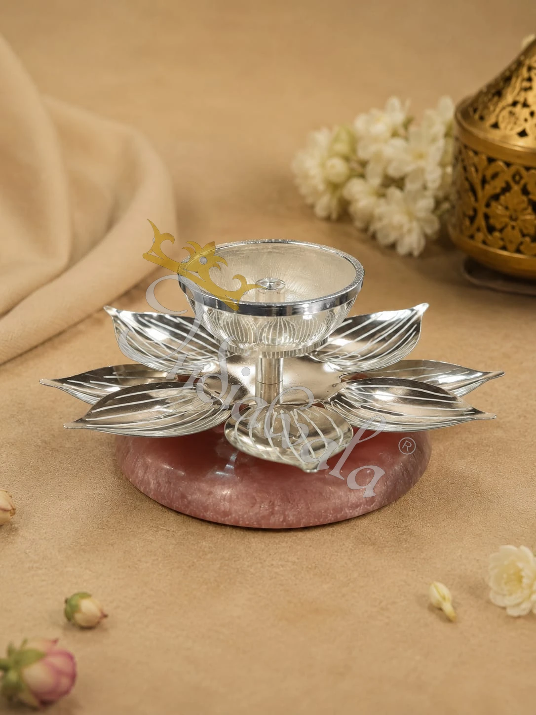 INW-9439_1 6 Inch Silver Plated Steel Rose Quartz Diya in a premium velvet box