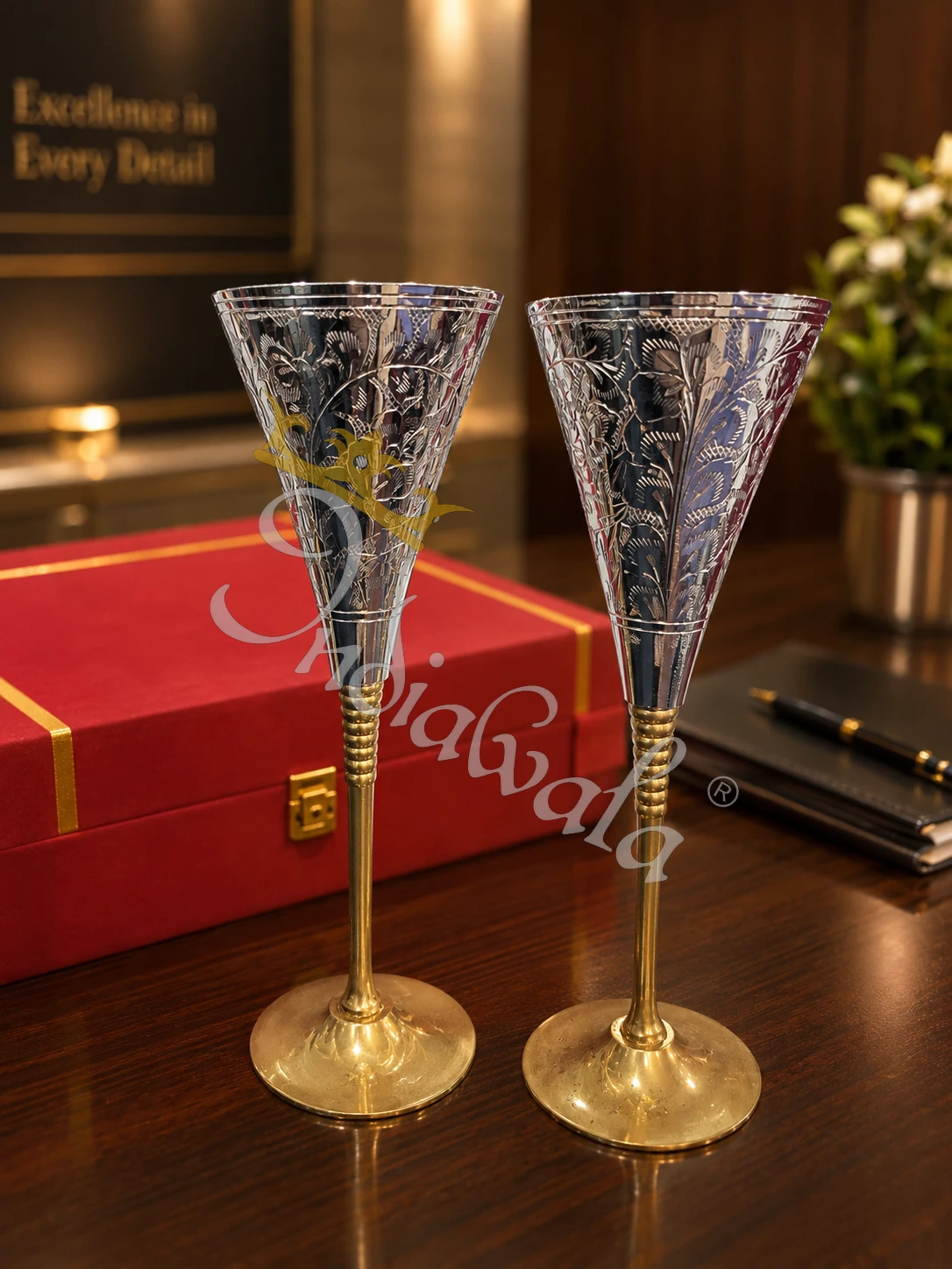 INW-9441-1 Elegant 8.5 Inch German Silver Royal Wine Glass in a premium velvet box
