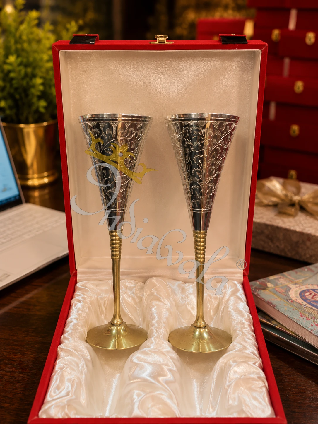INW-9441_1-1 Elegant 8.5 Inch German Silver Royal Wine Glass in a premium velvet box