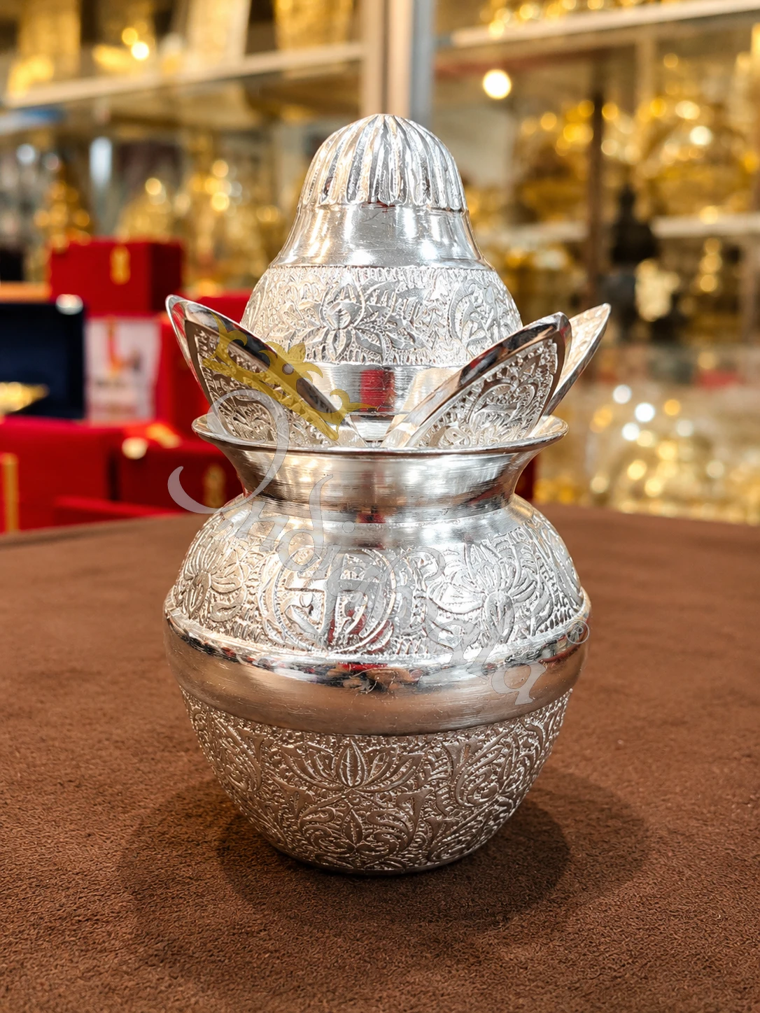 INW-9442 German Silver Mangal Kalash 5.5 Inch in a premium velvet box