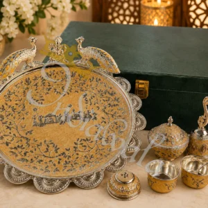 Elegant German Silver Ganesh Pooja Plate in a premium leather box