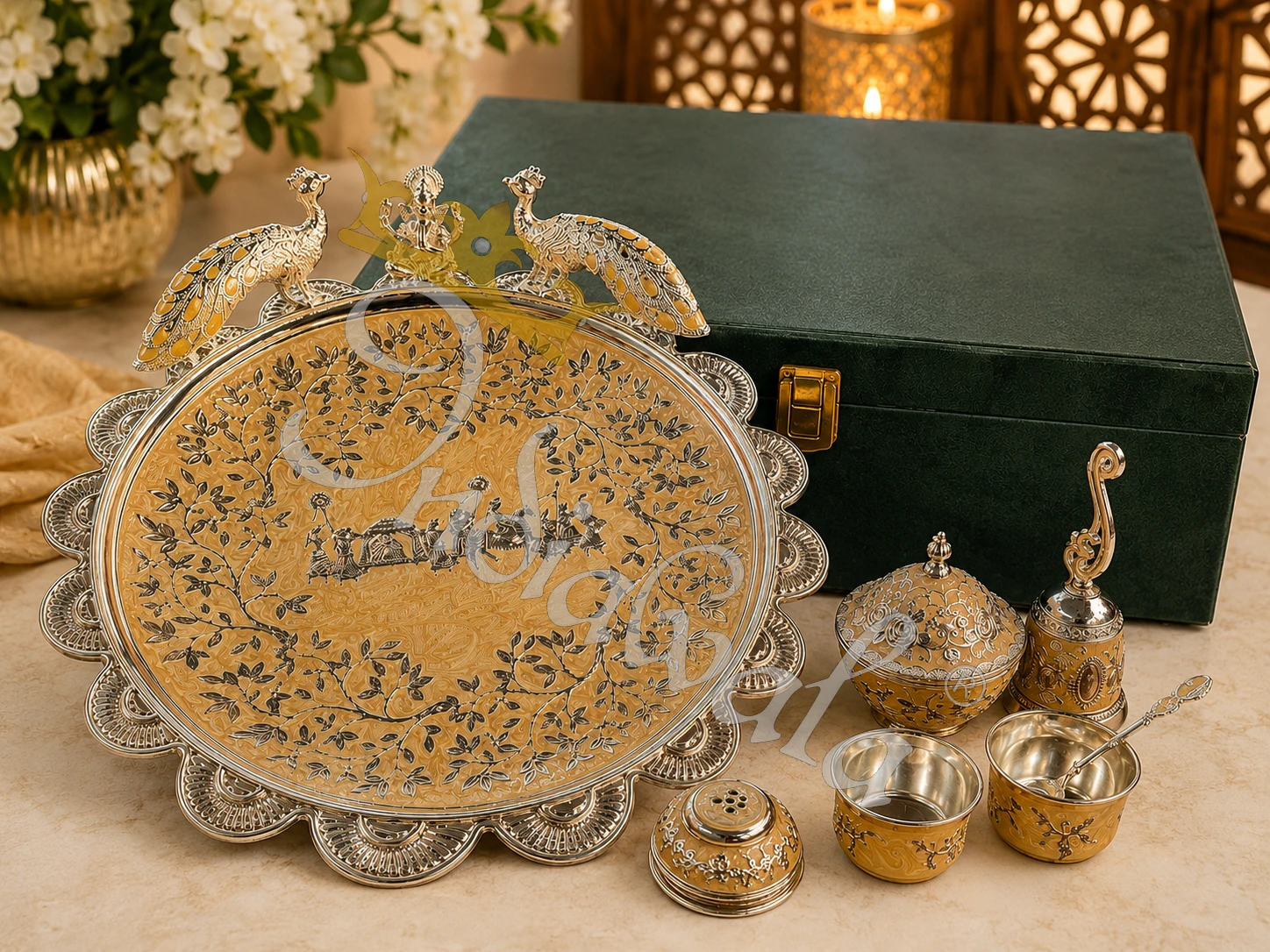 INW-9443 Elegant German Silver Ganesh Pooja Plate in a premium leather box