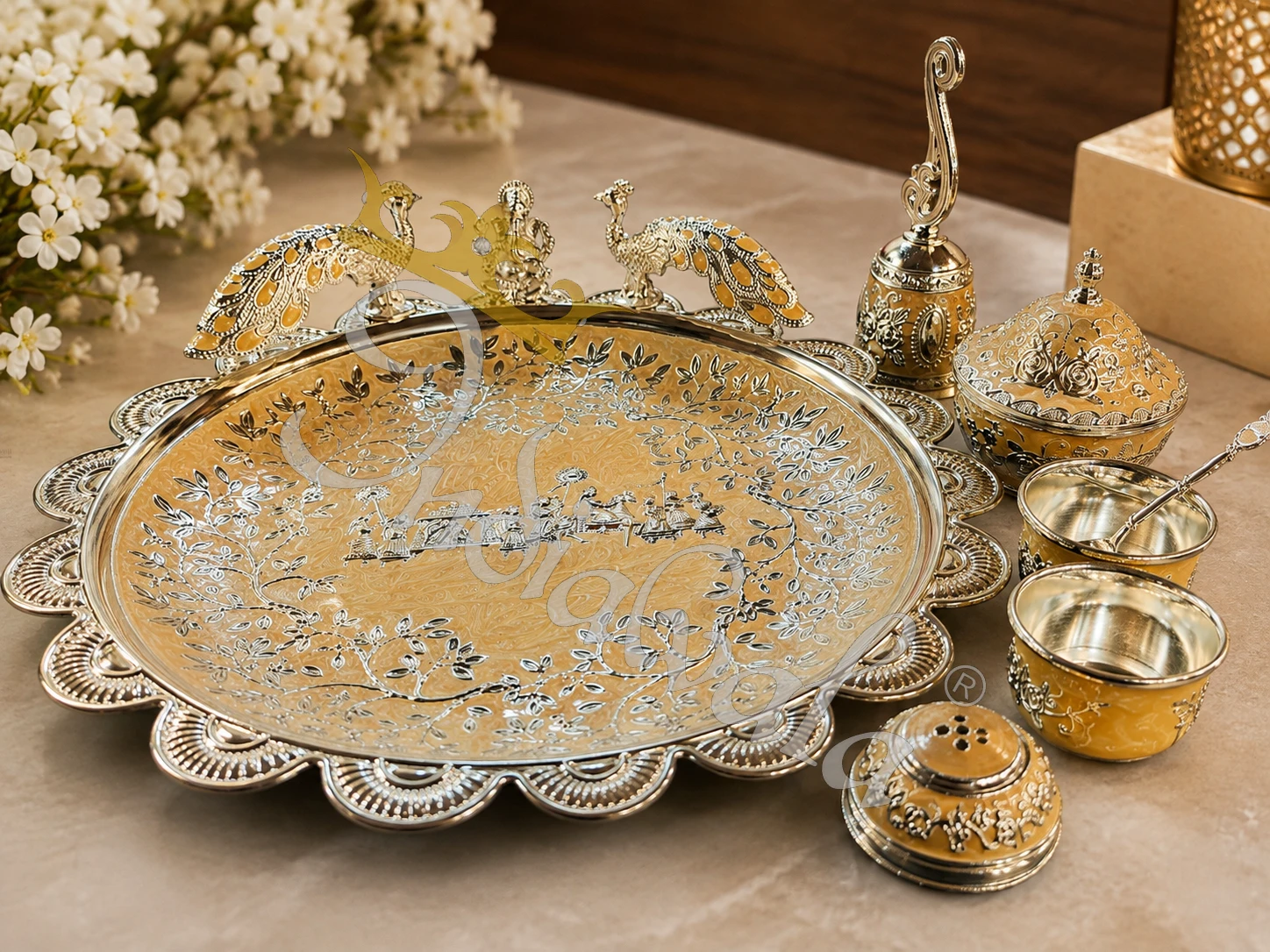 INW-9443_1 Elegant German Silver Ganesh Pooja Plate in a premium leather box