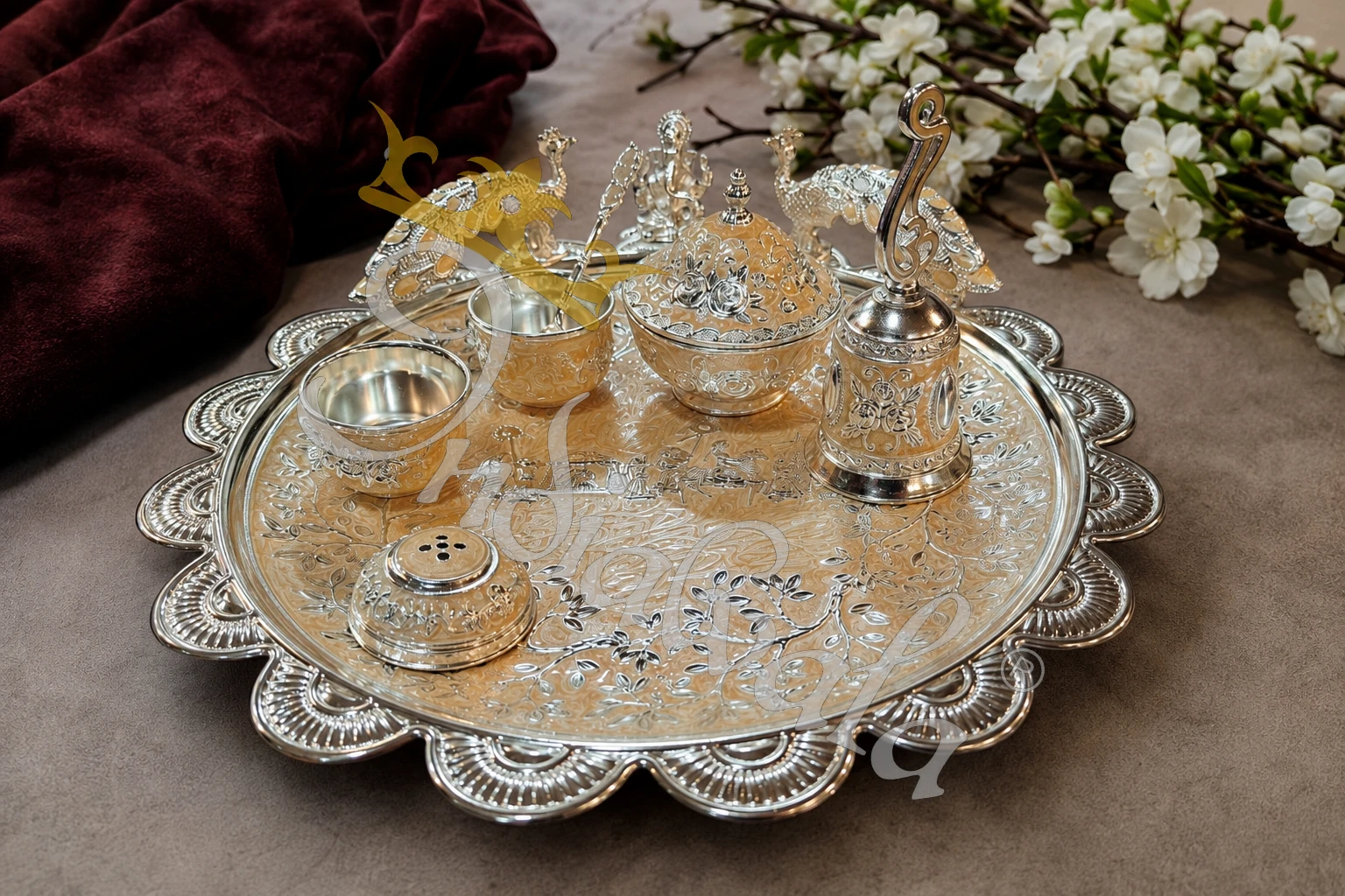 INW-9443_2 Elegant German Silver Ganesh Pooja Plate in a premium leather box