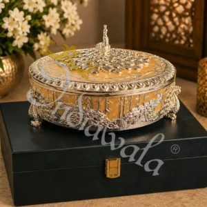 Elegant German Silver Dry Fruit Box 9 Inch in a premium leather box